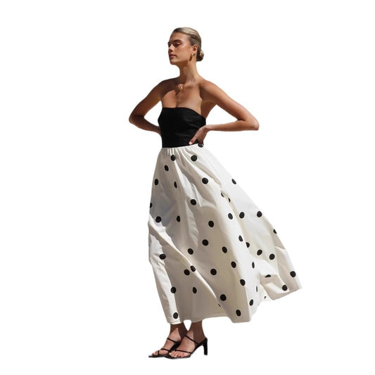 Polka Dot Print Stitching Chest Wrap A- Line Dress - Enfance-Heureuse