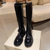 Washed Leather Round Head Chunky Heel Middle Boots Women - Enfance-Heureuse