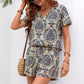 Loose Printed Casual Suit V-neck Short Sleeve Top Elastic Waist Shorts - Enfance-Heureuse