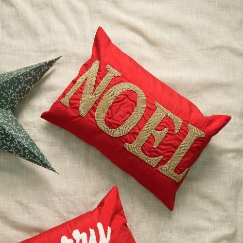 Handcrafted Red Noel Beadwork Lumber Pillow Perfect For The Season