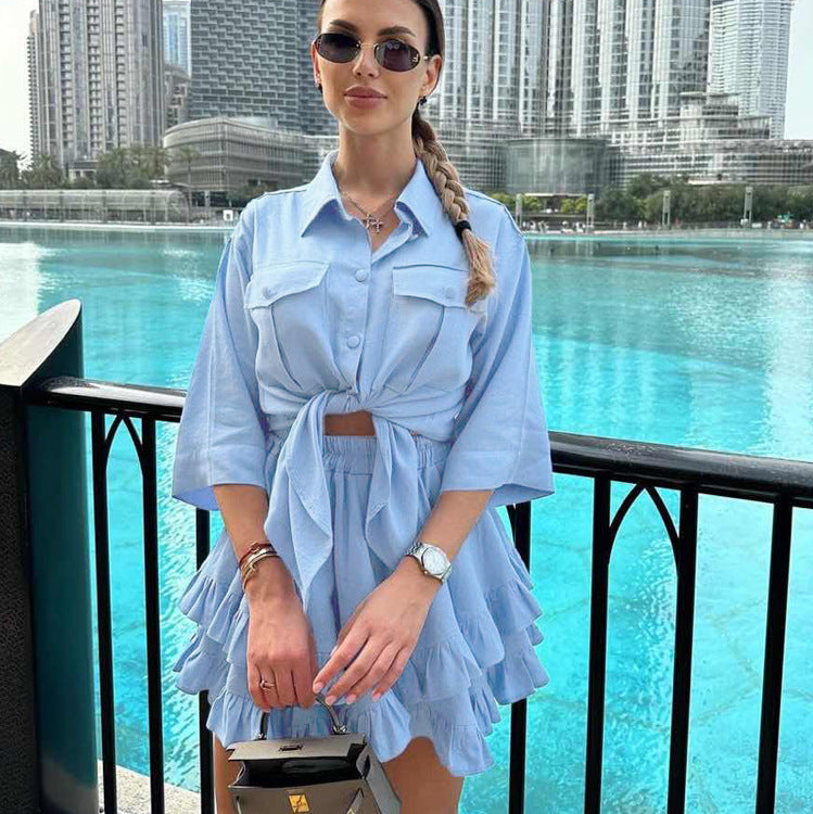 Ruffled Tiered Skirt Lapel Short-sleeved Shirt Two-piece Set