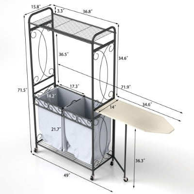 Panier à linge multifonction avec tringle de suspension et étagère de rangement. Chariot à linge roulant avec roulettes, cadre en métal robuste pour salle de bain, buanderie ou chambre.