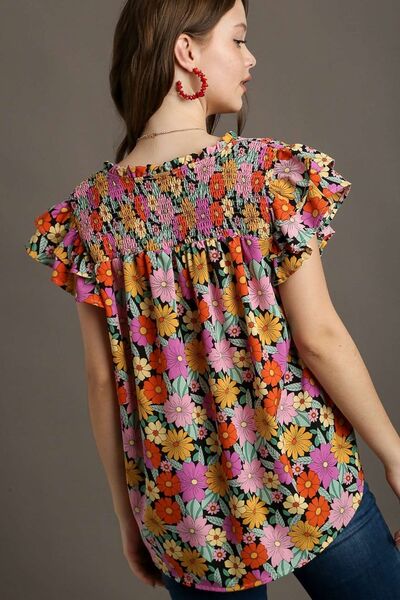 Umgee Full Size Floral Printed Smocked Top Plus Size - Enfance-Heureuse