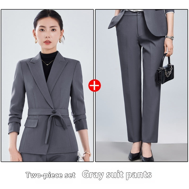 Traje de manga larga con cuello pequeño para mujer, camisa, pantalón y abrigo