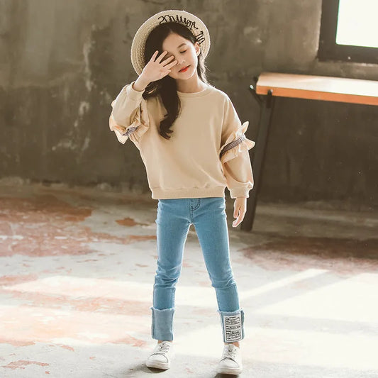 Girls' Lace Sleeve Jeans Two-Piece Set - Enfance-Heureuse