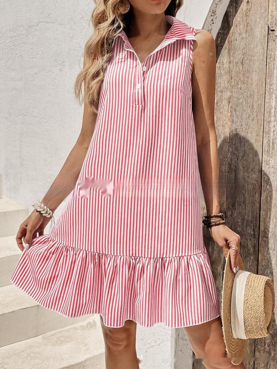 Shirt Collar Decorated With Buttons Sleeveless Dress