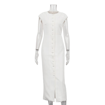 Waist-tight Single-breasted White Sheath Round Neck Flying Sleeves Dress - Enfance-Heureuse