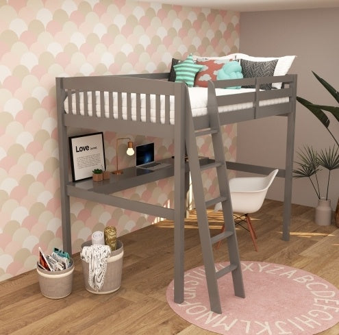 Everest Grey High Loft Bed With Desk And Storage, Heavy Duty Solid Wood Full Size Loft Bed Frame With Stairs For Kids And Toddlers, No Box Spring Needed