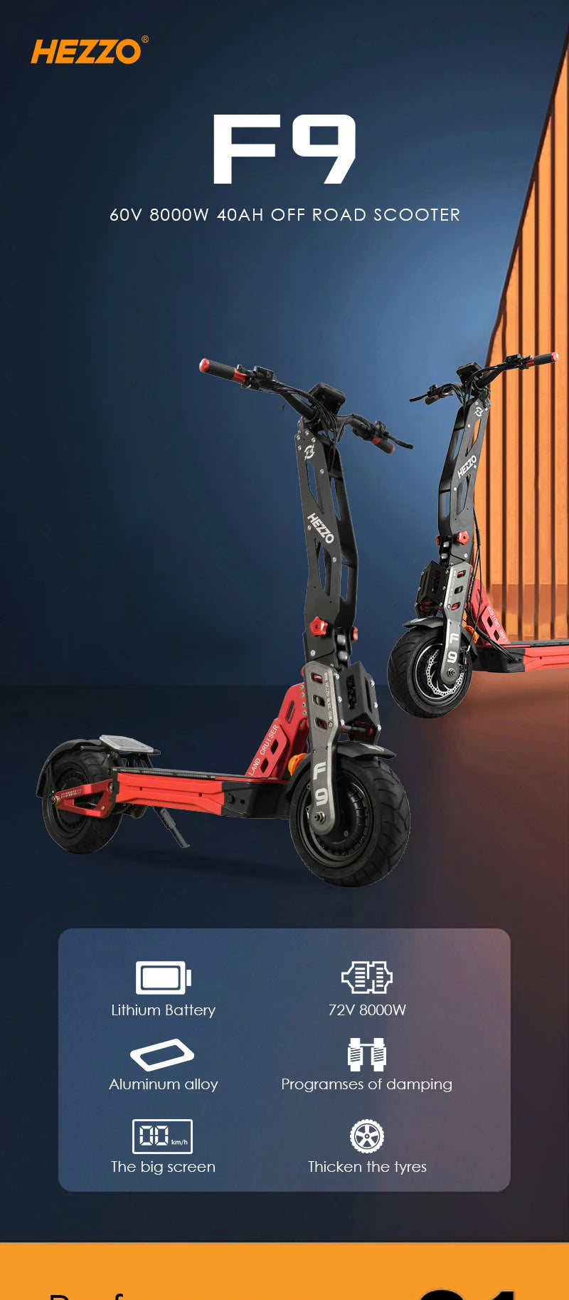 HEZZO F9 Foldable Electric Scooter for Adults 60v 8000w Dual Motors Powerful 60MPH EScooter Fat Tire 40Ah NFC Off Road Scooter