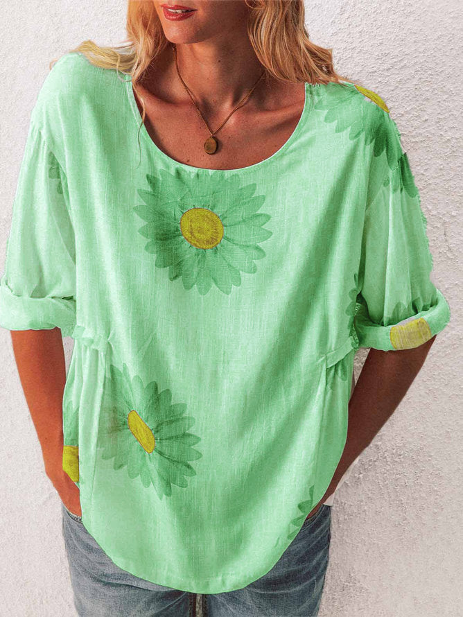 Mid-sleeved Chrysanthemum Cotton And Linen Printed T-shirt Women's Clothing