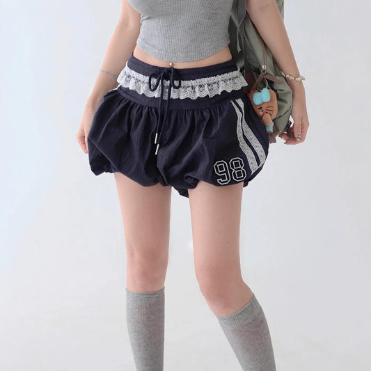Lace Edge Elastic Waistband Lace-up Loose Shorts For Women