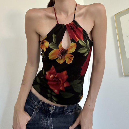 Personalized Stylish Print Slim Fit Halter Spaghetti Straps Vest Backless Hollow-out Top - Enfance-Heureuse