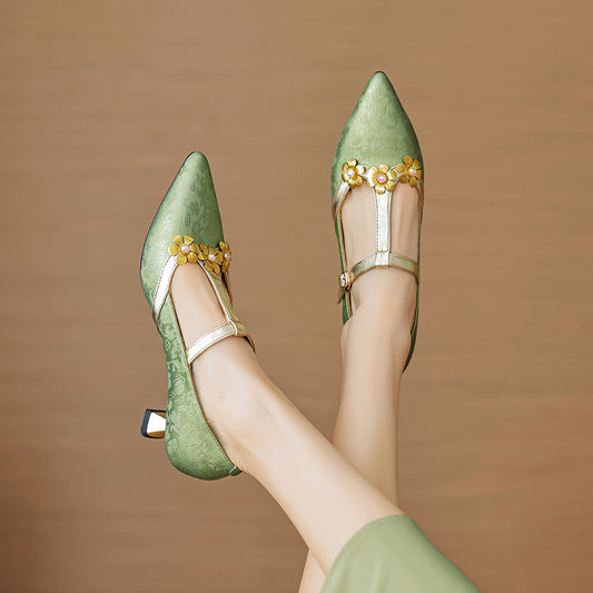 Stiletto Heel T-shaped Flower Leather Pointed High Heel Shoes - Enfance-Heureuse