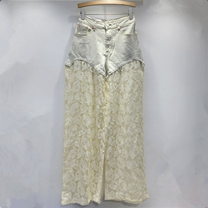 Lace Stitching Straight Wide Leg Jeans - Enfance-Heureuse