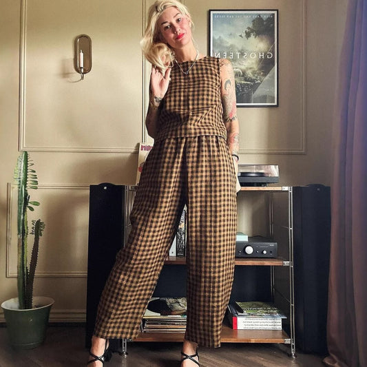 Printed Plaid Loose Casual Sleeveless Vest Pants Suit - Enfance-Heureuse