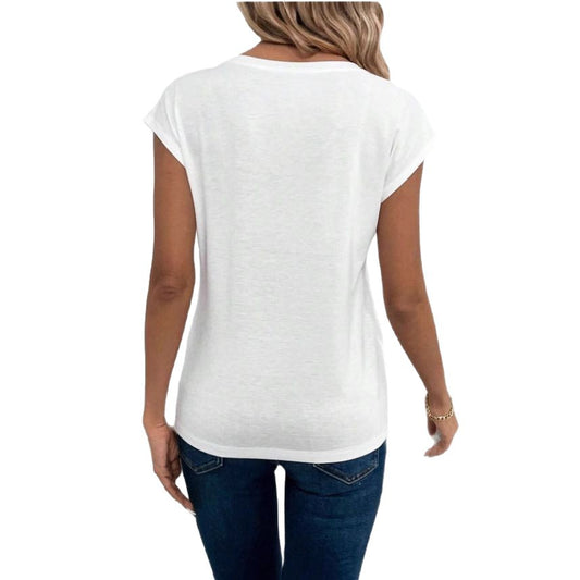 Women's Solid Color And V-neck Short Sleeve Loose - Enfance-Heureuse
