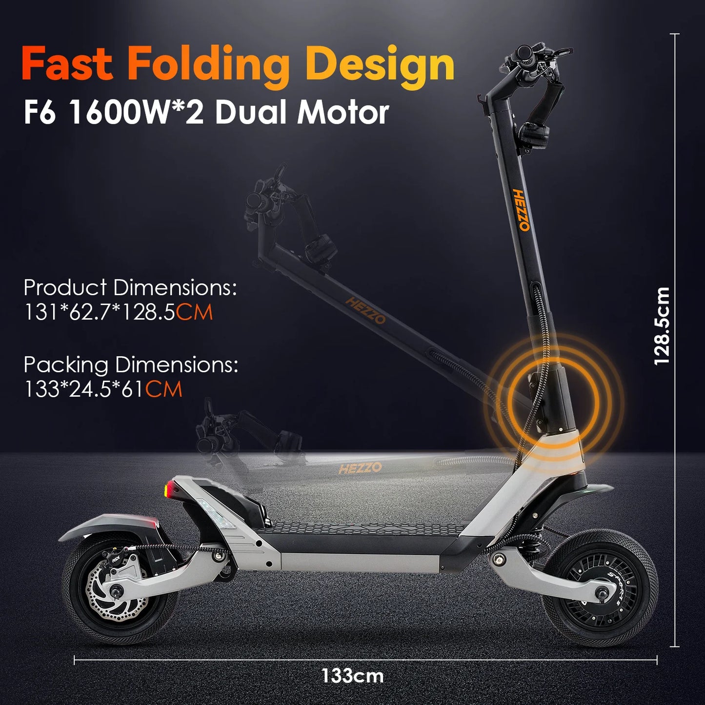 HEZZO F6 Electric Scooter 60V 1600W Dual Motors 10inch Off-road Folding Escooter 23AH Lithium Battery Long Range Full Suspension