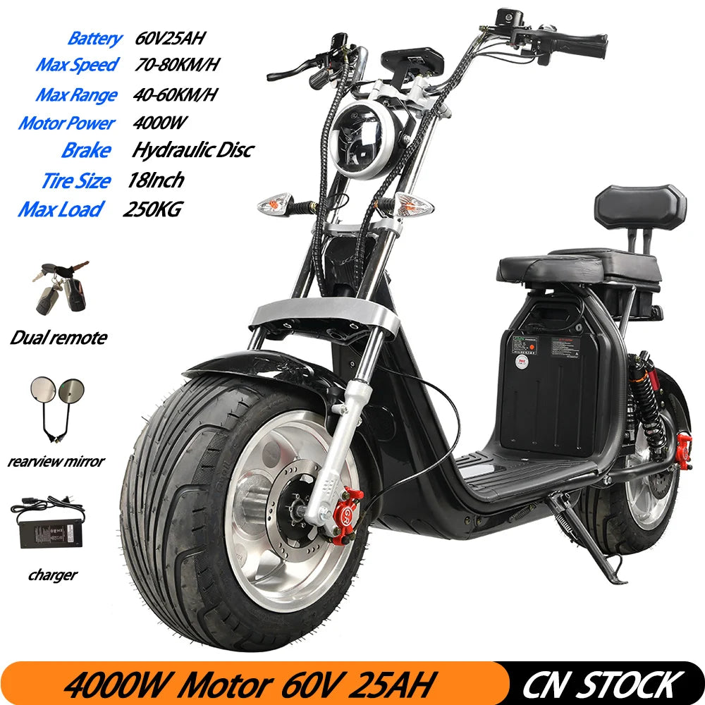 For Adults Citycoco 18 Inch Off-road Fat Tire Max Speed 60-70KM/H 4000 Powerful Motor 2 2heel Detachable Eectric Scooter