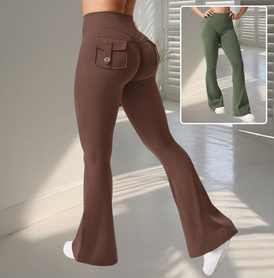 Yoga Fitness Flared Pants With Pockets Ins Fashion Slim High Waist Sports Trousers Scrunch Butt Booty Workout Lifting Leggings - Enfance-Heureuse