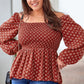 Plus Size Square Neck Balloon Sleeve Peplum Blouse - Enfance-Heureuse