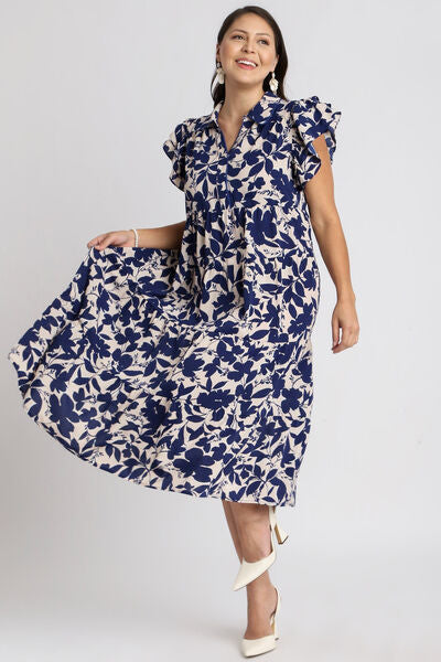 Umgee Full Size Floral Collared Ruffle Cap Sleeve Midi Dress Plus Size - Enfance-Heureuse