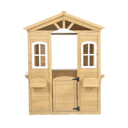 Wooden Outdoor Playhouse For Children With Work Doors, Windows, Mailbox, Flower Pot Stand - Enfance-Heureuse