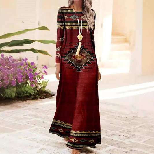 European And American Long Sleeve Artistic Retro Geometric Printed Round Neck Pullover Dress - Enfance-Heureuse