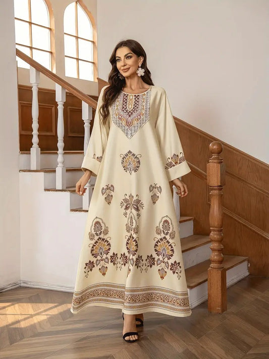 Elegante abaya con estampado floral, ropa musulmana de Oriente Medio para mujer