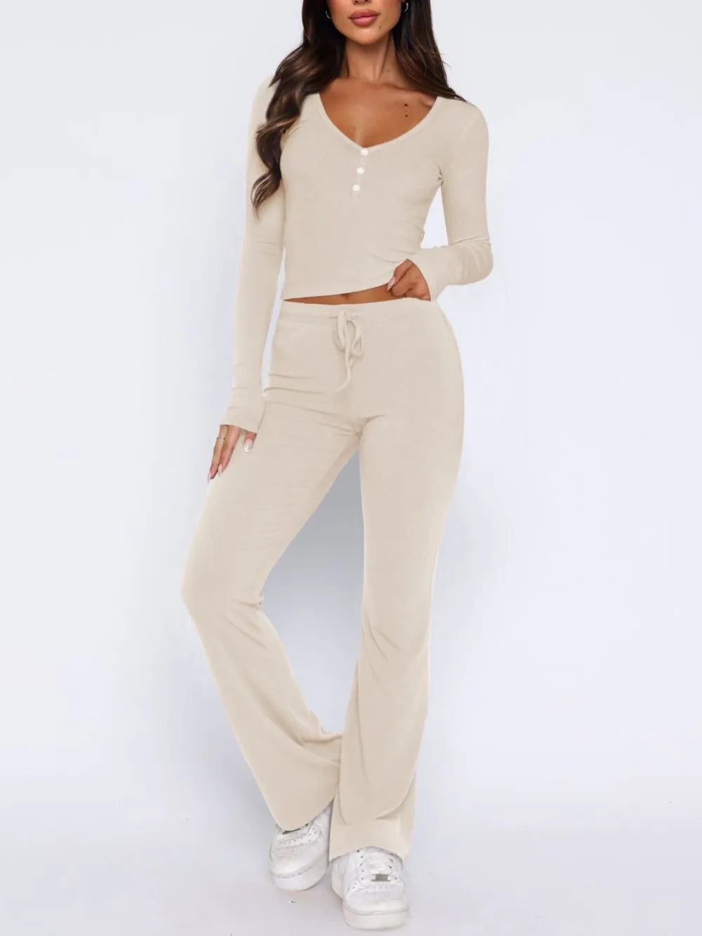 V-Neck Long Sleeve Top and Pants Set - Enfance-Heureuse