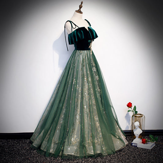 Banquet Sling Temperament Long Dress Dark Green Fantasy Mori - Enfance-Heureuse