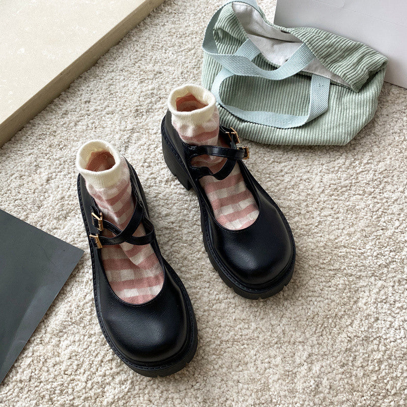 Spring Retro Chunky Heel Platform Leather Shoes - Enfance-Heureuse