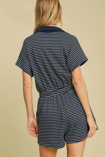 Umgee Full Size Half Zip Striped Romper Plus Size - Enfance-Heureuse
