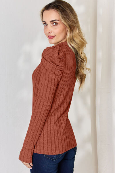 Basic Bae Full Size Ribbed Mock Neck Puff Sleeve T-Shirt - Enfance-Heureuse