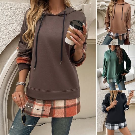 Women's Vintage Oversized Hoodie With Plaid Patchwork Stylish Y2k Clothing Streetwear Round Neck Hooded Long Sleeve Sweatshirts - Enfance-Heureuse