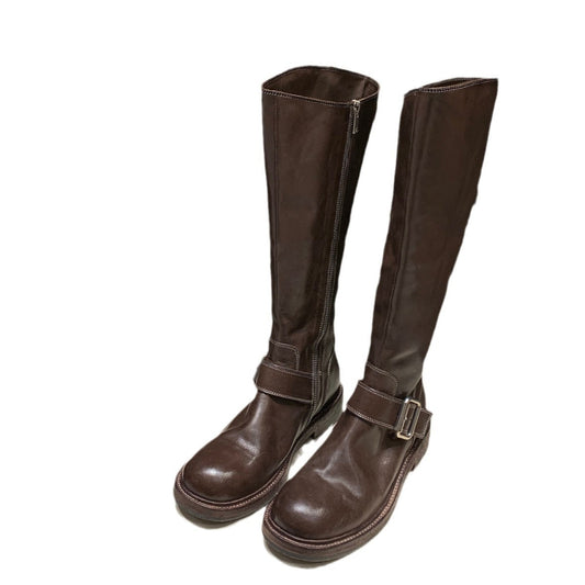 Washed Leather Round Head Chunky Heel Middle Boots Women - Enfance-Heureuse