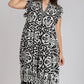 Umgee Full Size Two Tone Border Print Ruffle Cap Sleeve Midi Dress Plus Size