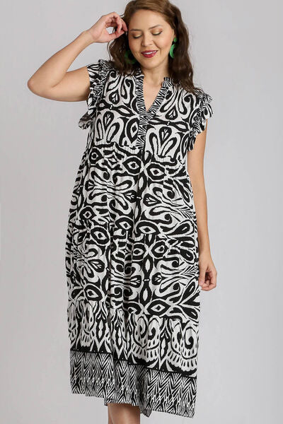 Umgee Full Size Two Tone Border Print Ruffle Cap Sleeve Midi Dress Plus Size