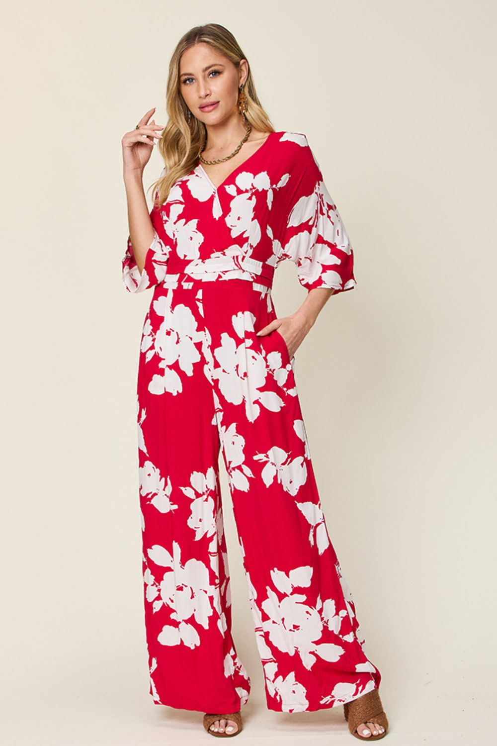 Double Take Full Size Printed Tie Back Wide Leg Jumpsuit - Enfance-Heureuse