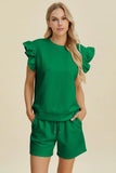Double Take Full Size Texture Round Neck Ruffle Sleeve Top and Shorts Set - Enfance-Heureuse