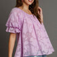 Umgee Full Size Jacquard Round Neck Ruffled Puff Sleeve Blouse Plus Size