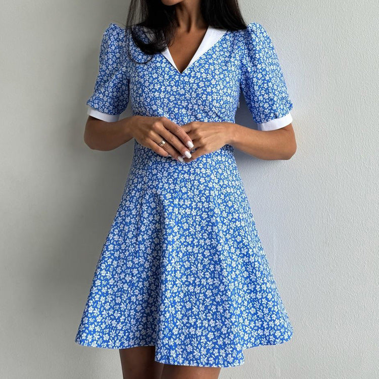 Lapel High-waist Blue Floral Dress