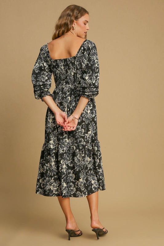 Umgee Ruffle Hem Flower Printed V-Neck Dress - Enfance-Heureuse