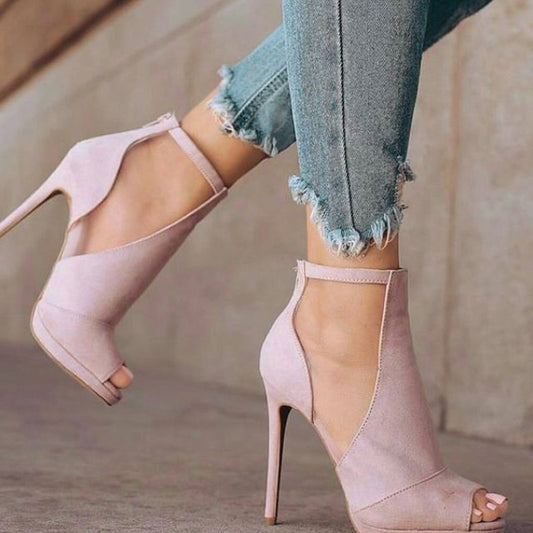 Peep Toe Stiletto Heel Side Empty Back Zipper Plus Size Women's Sandals - Enfance-Heureuse