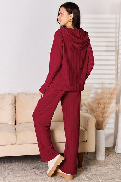 Basic Bae Full Size Ribbed Drawstring Hooded Top and Straight Pants Set - Enfance-Heureuse