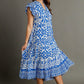 Umgee Full Size Two Tone Border Print Ruffle Cap Sleeve Midi Dress Plus Size