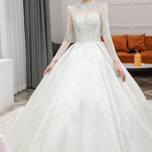 Long Sleeve French Vintage Light Wedding Dress Bride - Enfance-Heureuse