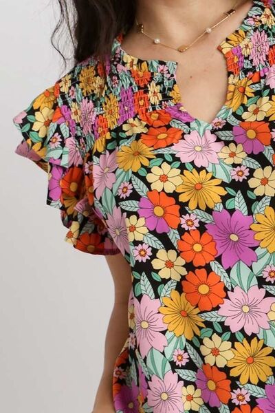 Umgee Full Size Floral Printed Smocked Top Plus Size