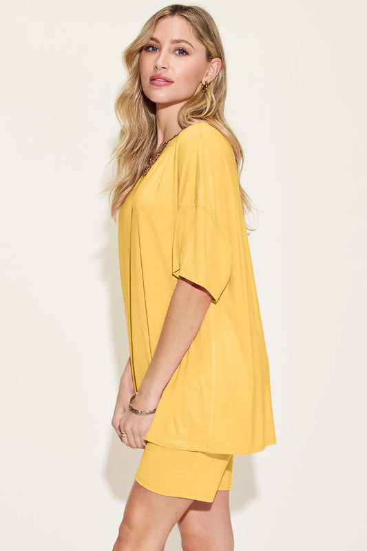Basic Bae Bamboo Full Size V-Neck Drop Shoulder T-Shirt and Shorts Set - Enfance-Heureuse