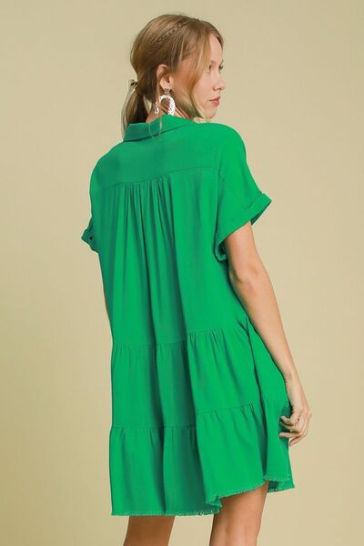 Umgee Full Size Raw Hem Folded Sleeve Tiered Dress Plus Size - Enfance-Heureuse