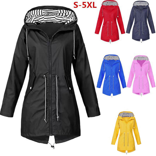Womens Waterproof Raincoat Casual Basic Outdoors Drawstring Trench Lightweight Drawstring Jackets Hiking Clothes For Women - Enfance-Heureuse